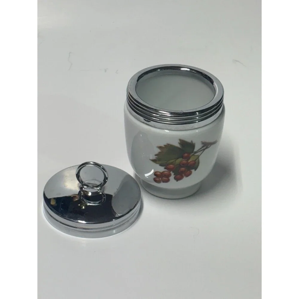Vintage Royal Worcester Evesham Egg Coddler Fruit Porcelain Chrome Lid England